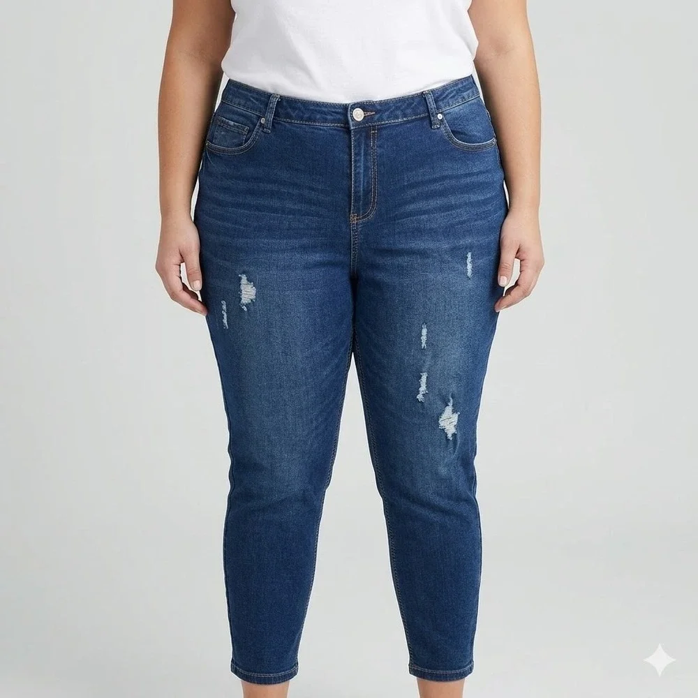 ELOQUII Denim Distressed Skinny Jeans Plus Size 20 Dark‎ Wash Cropped